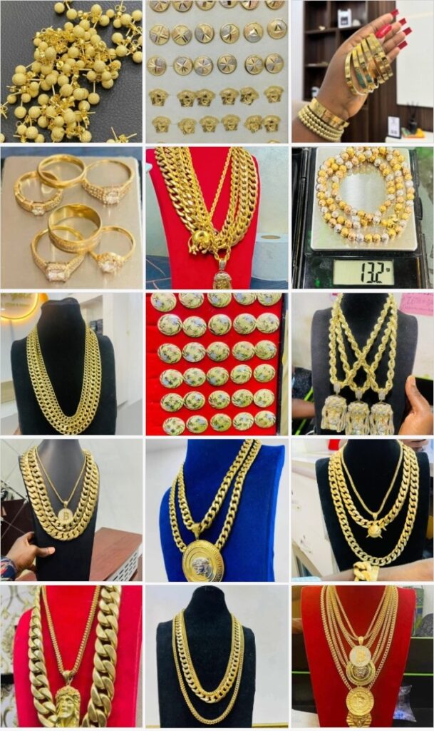 How much is gold per gram in Nigeria showing How much is gold per gram in Nigeria showing 18K gold chain, earrings, pendants, etc.