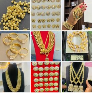 How much is gold per gram in Nigeria showing How much is gold per gram in Nigeria showing 18K gold chain, earrings, pendants, etc.